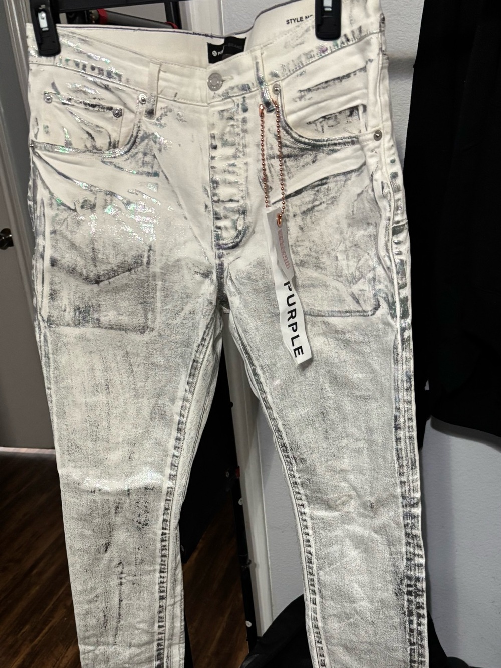 These are Purple Brand P001 Men's X-Ray Foil white skinny jeans